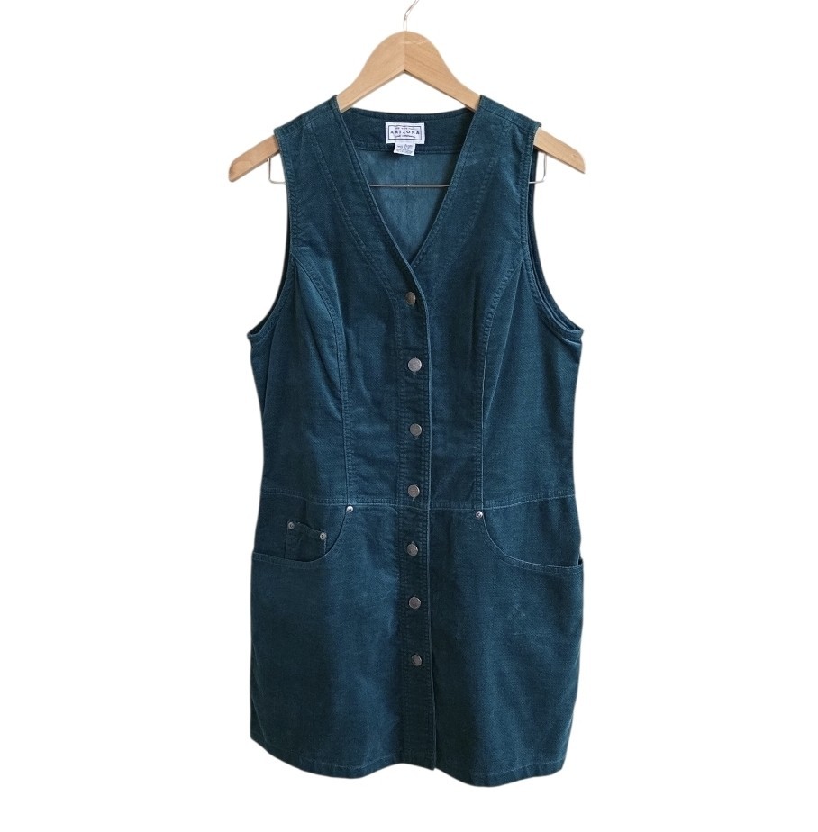 Vintage Y2K Arizona Dark Teal Corduroy Button Down Vest Dress. Size 11/Medium