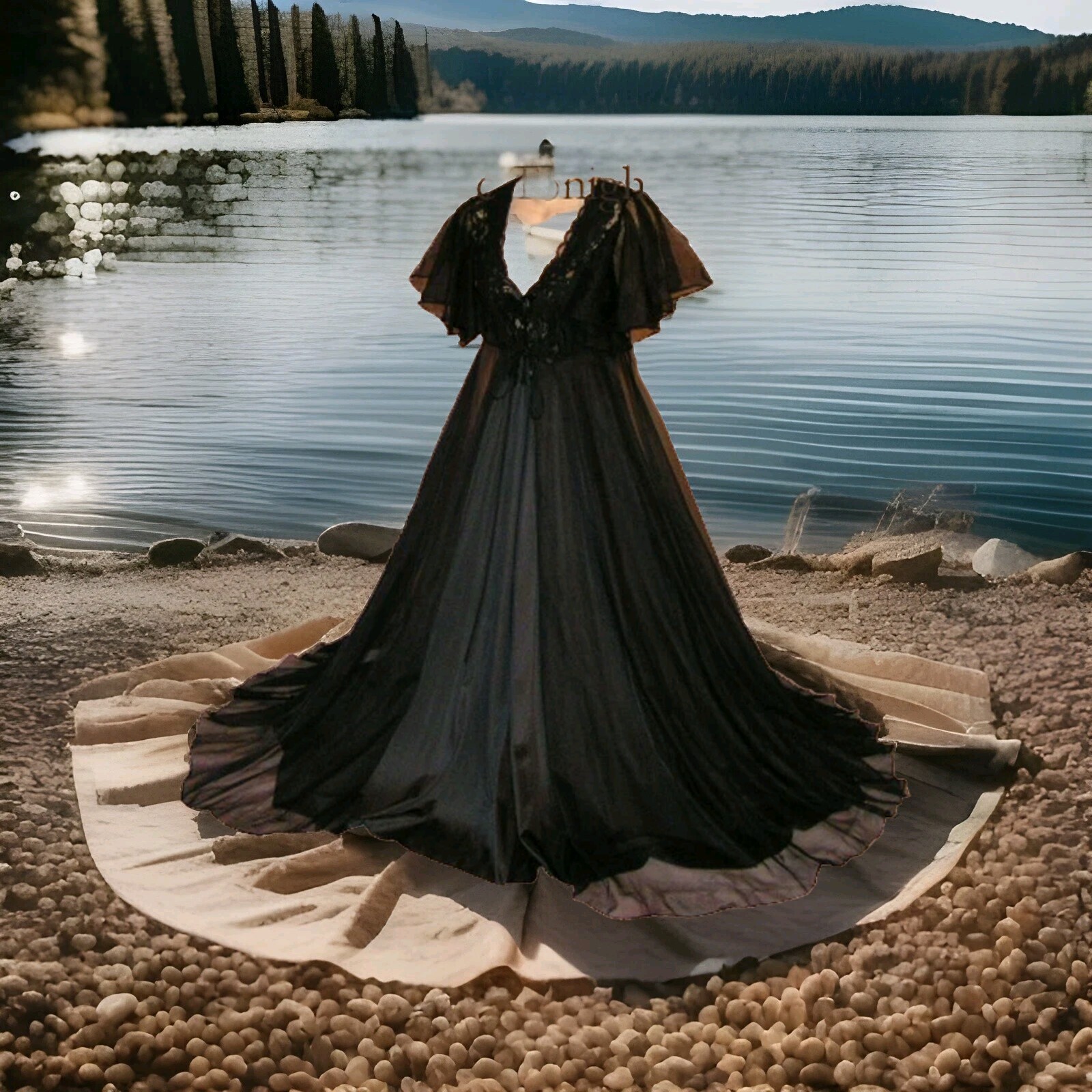 Vintage Stunning Black Nightgown & Sheer Chiffon Fitted Waist Peignoir Robe 2XL