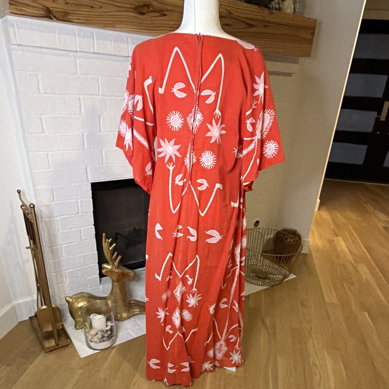 VTG Lazy U Caftan Dress Red White Abstract Print Polyester Cotton Size Regular