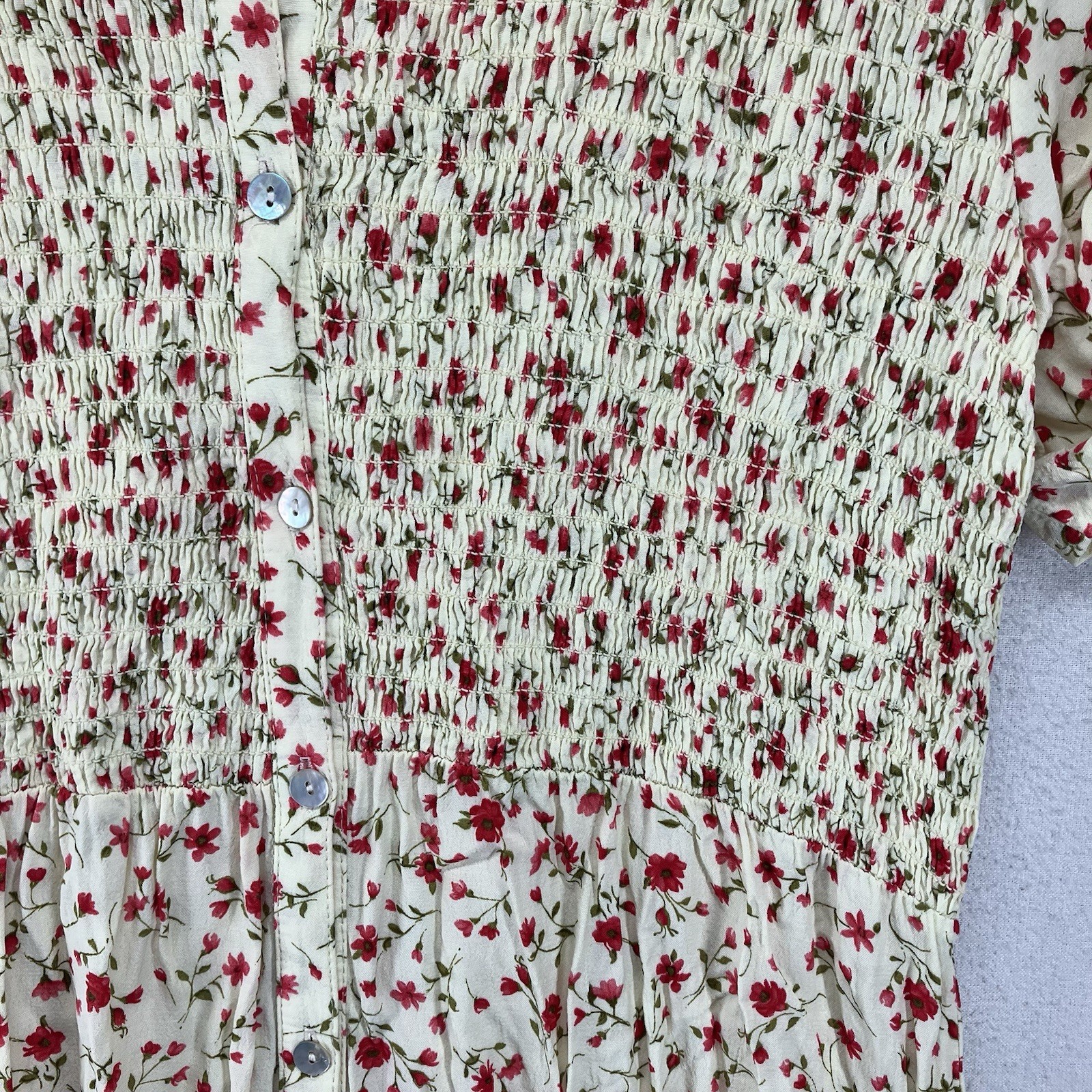 Vintages 90s Cream Floral Cottagecore Midi Dress Button Front Sz 14 All Rayon