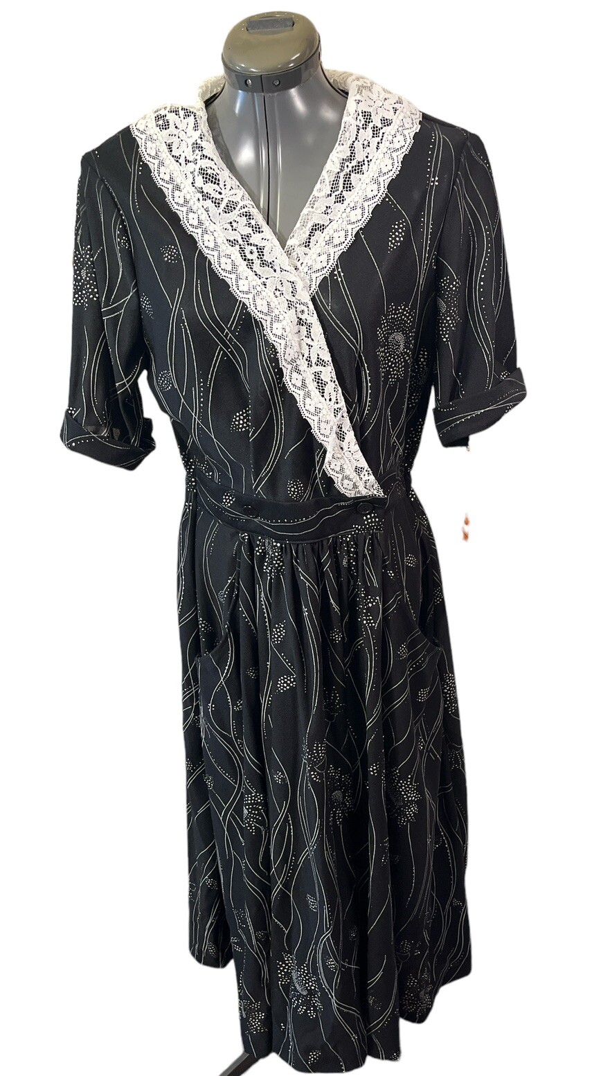 VTG Goldworth Womens Dress 1970s Sparkle Flowers Lace Collar Pockets Size 17/18