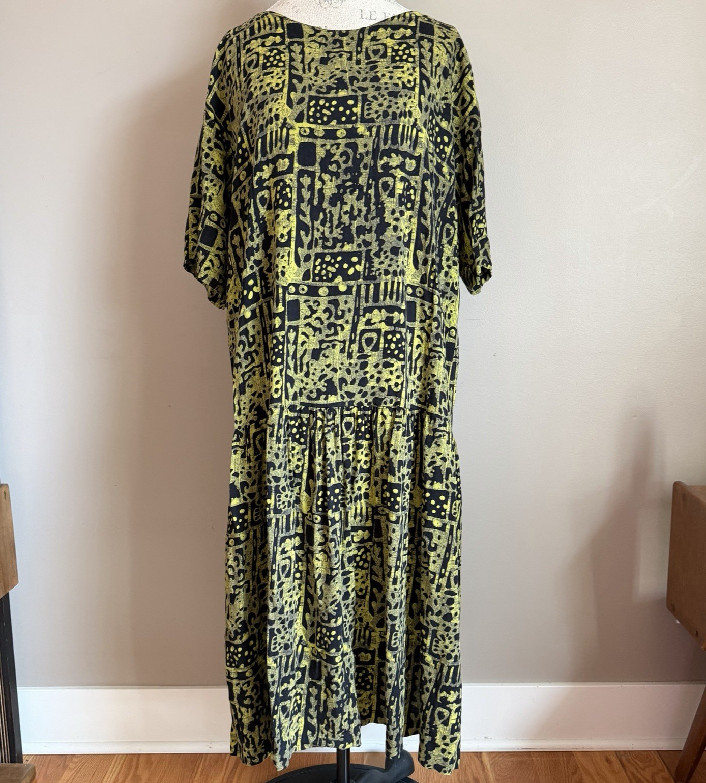 Vintage 80s Venezia Batik Print Drop Waist Maxi Dress XL Grunge Punk Rock Artsy