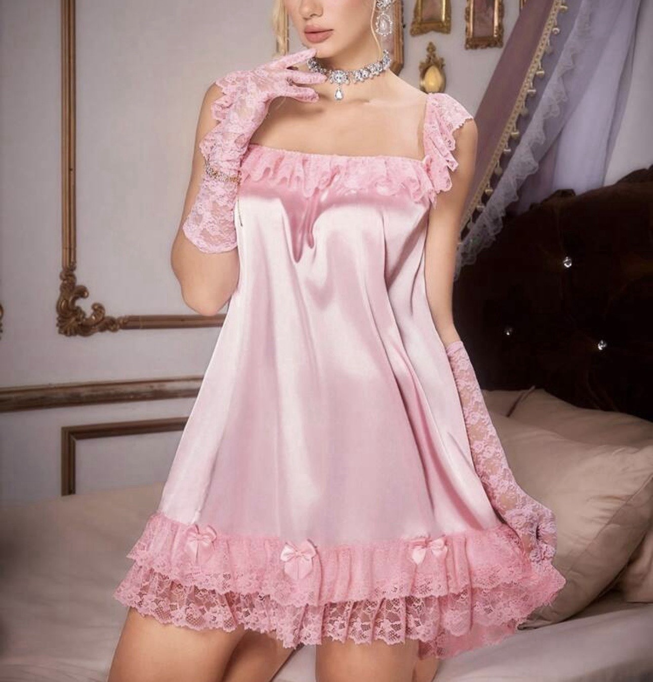 Glossy Ruffle Trim 2nd Skin Satin Babydoll Cami Nightdress Dress Nightgown M NEW