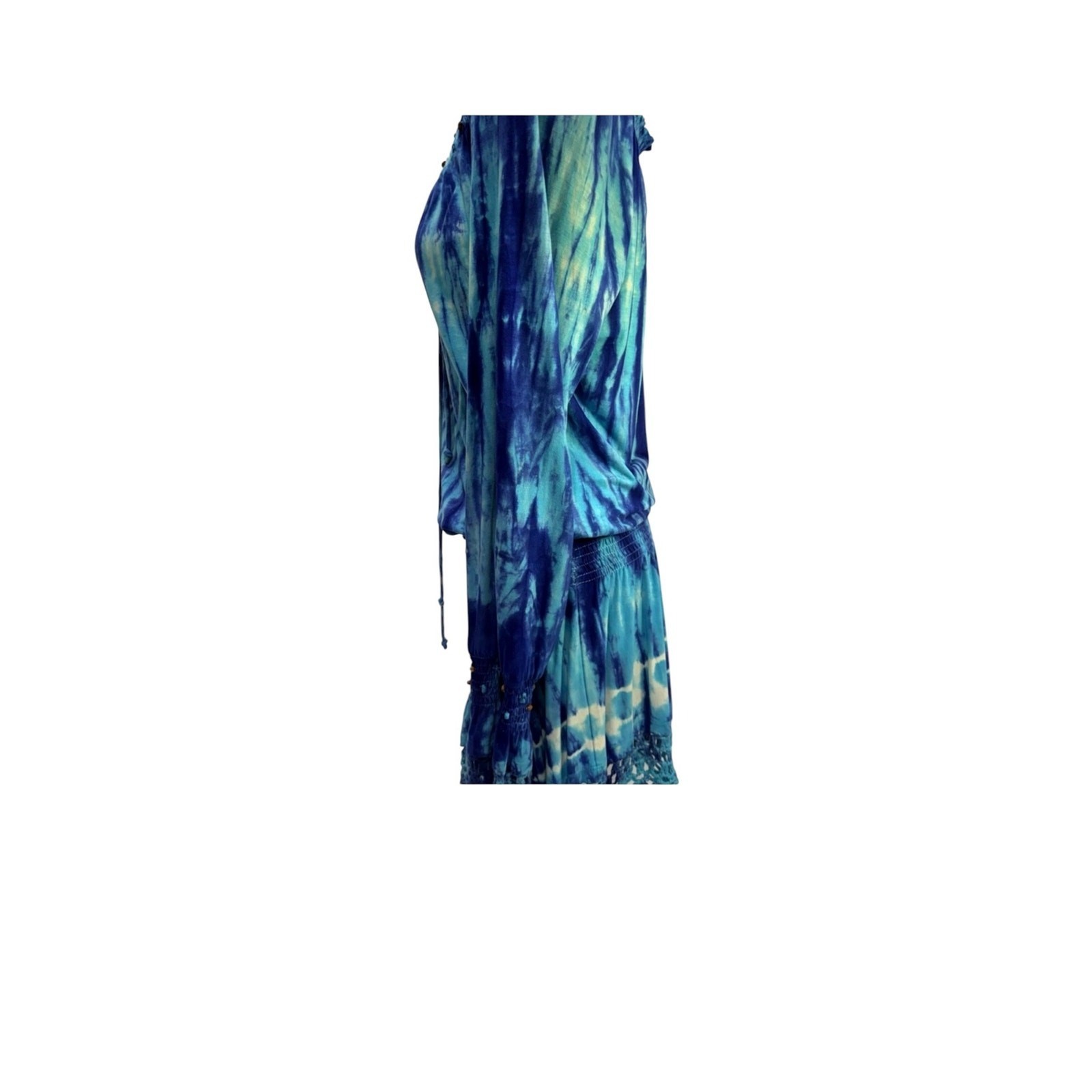 VTG Faith Indigo Tie Dye Beaded Boho Mini Dress Crochet Hem Festival S