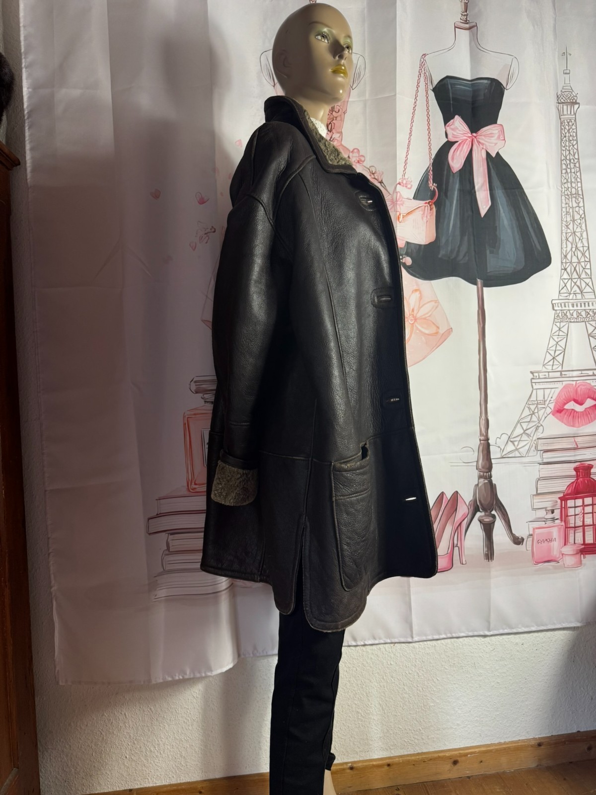 Vintage double face sheepskin jacket real leather oversized size 44/46 brown M. Flues