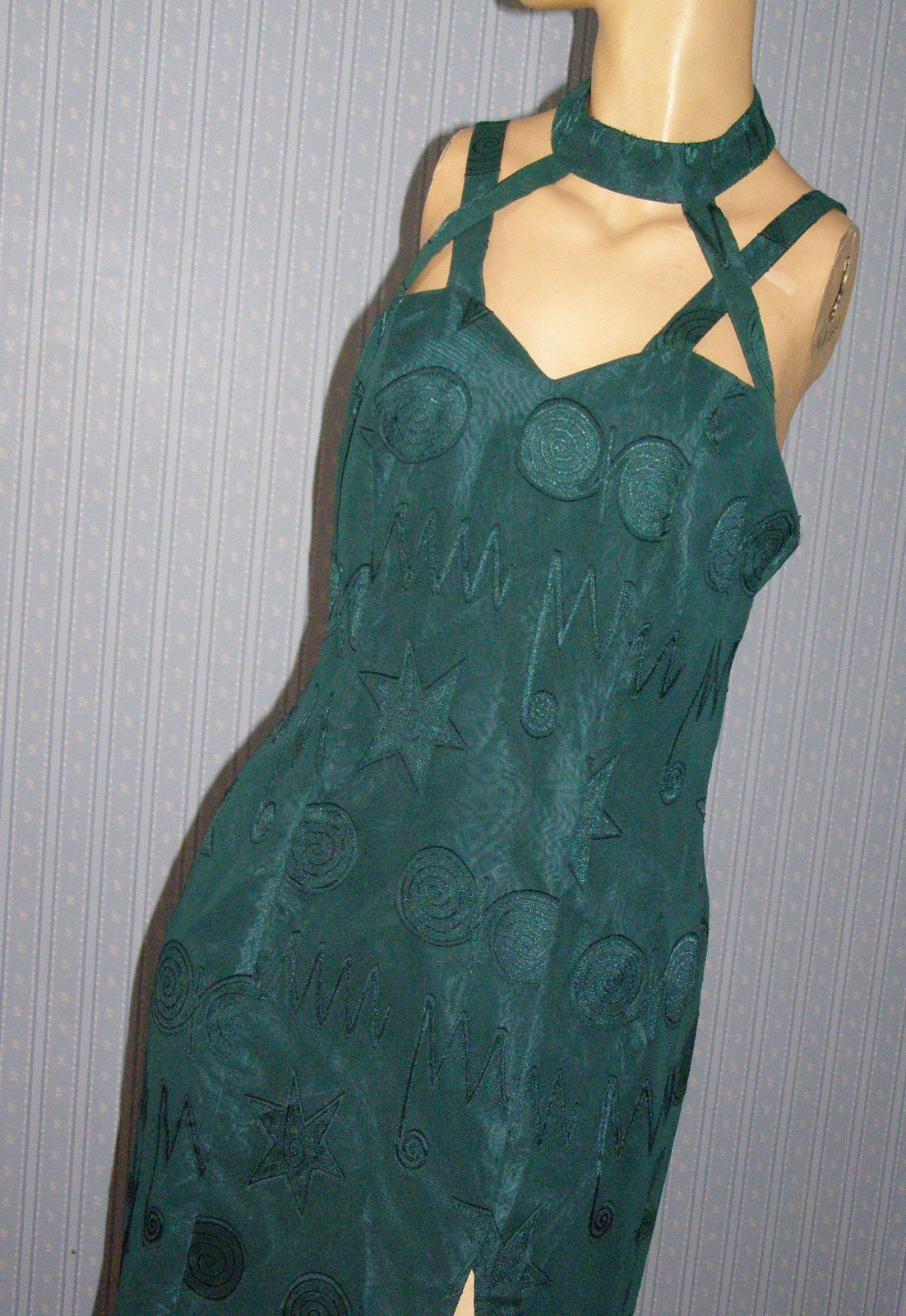 Vintage 90&rsquo;s forest green EMBOSSED SHAPES evening dress M L TRIBAL art deco