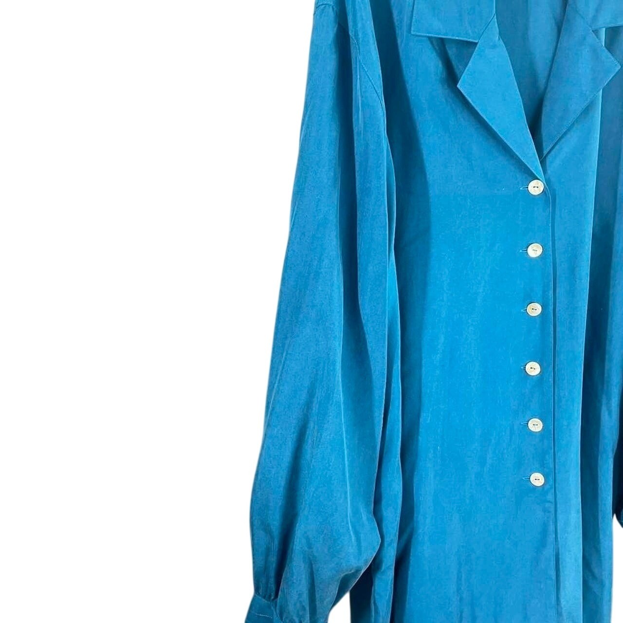 Vintage Teal 100% Silk Button Down Blouse Oversized Coastal Tunic Top