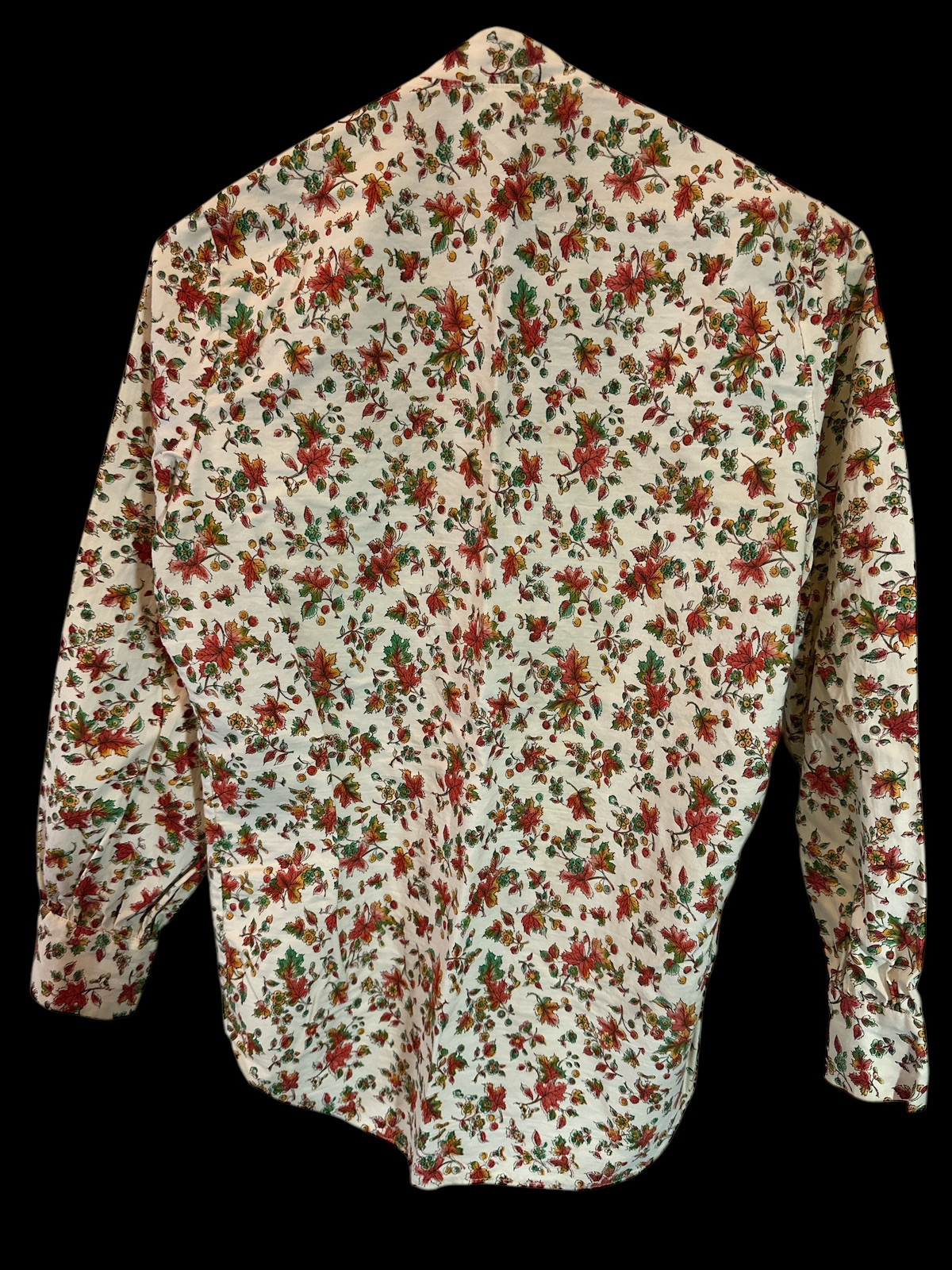 Vtg 1970s Blouse Carol Brent Maple Leaf Print Tuxedo Pleated Top Montgomery Ward