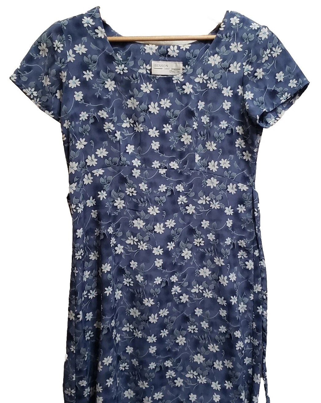 VTG 1990s Benson & Smith Dress SZ PS? Blue White Floral Whimsy Cottage Teacher