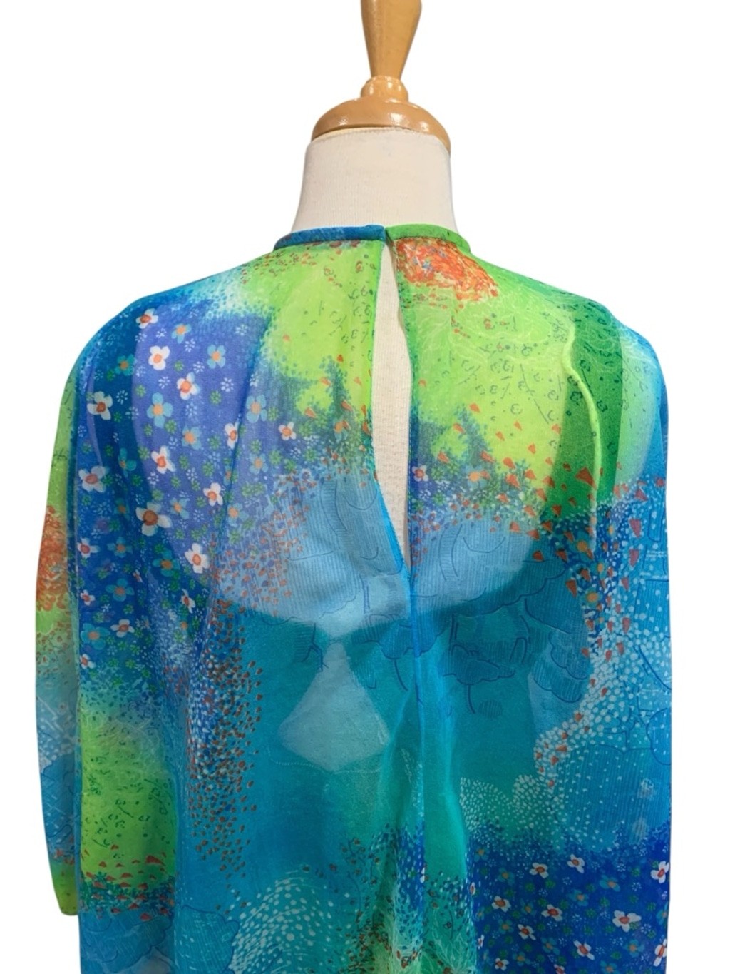 Vntg 60’s Unbranded Green & Blue Maxi floral/nature Cape Dress, Juniors 11