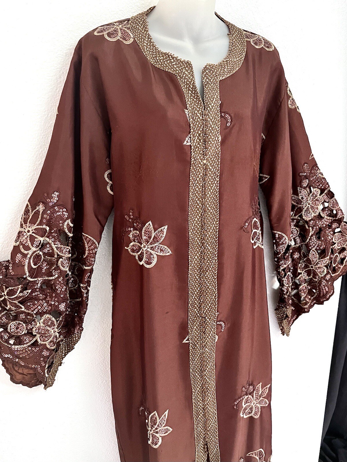 VINTAGE*MOROCCAN LONG BRONZE /SEQUIN djellaba*CAFTAN GOWN DRESS~M/L