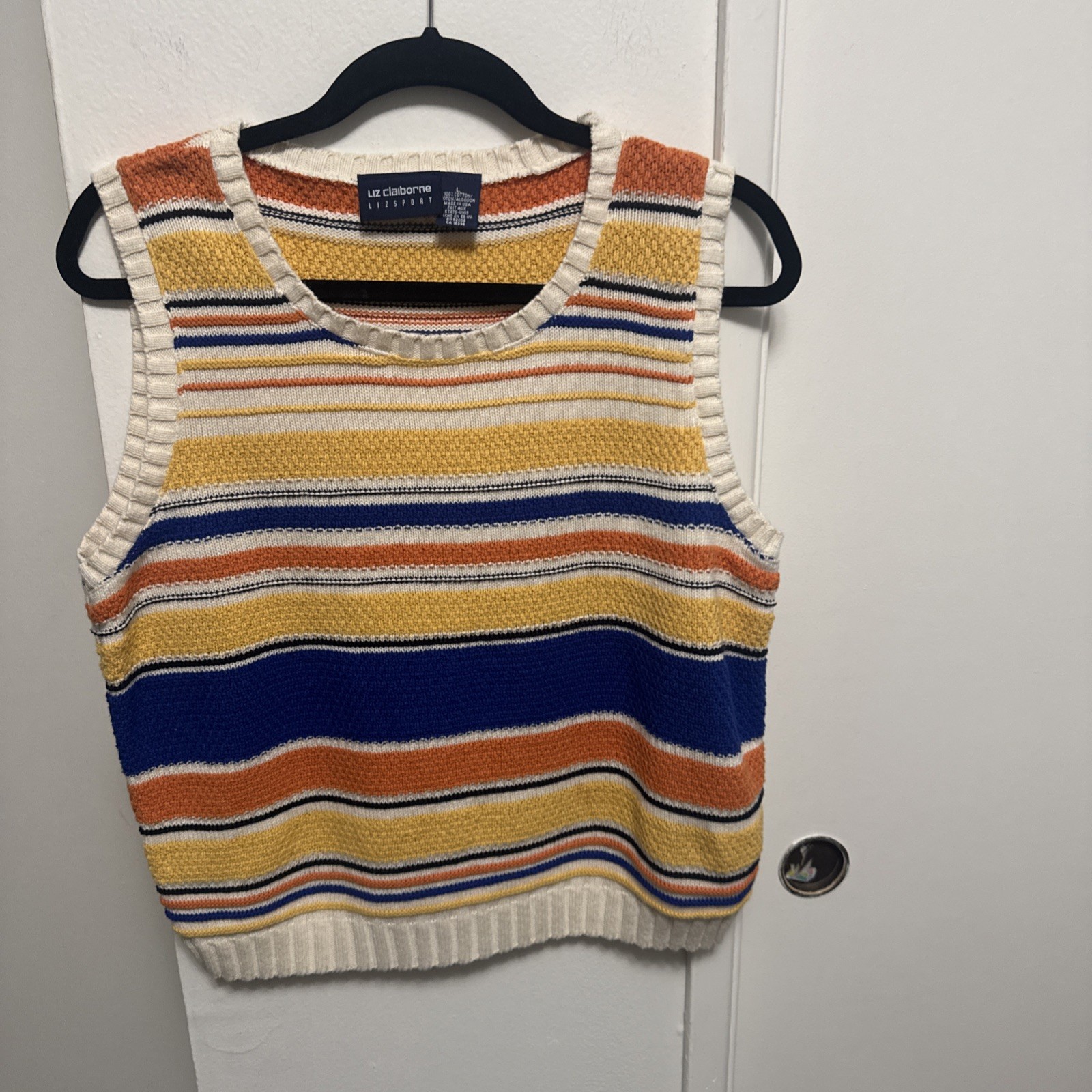 Vtg 90s Liz Claiborne Multicolor Striped Tank Top yellow blue women Large vest