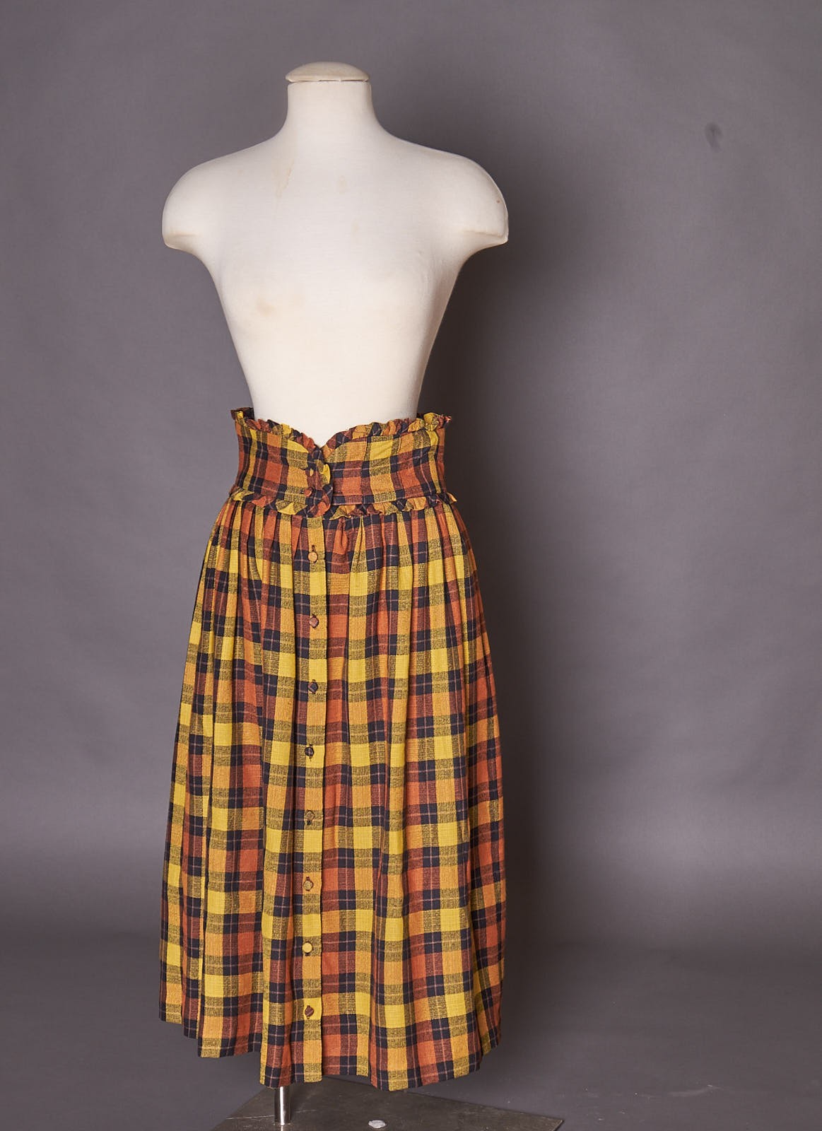 1980s Ruffle Waist Plaid Golden Button Up Skirt Long Retro