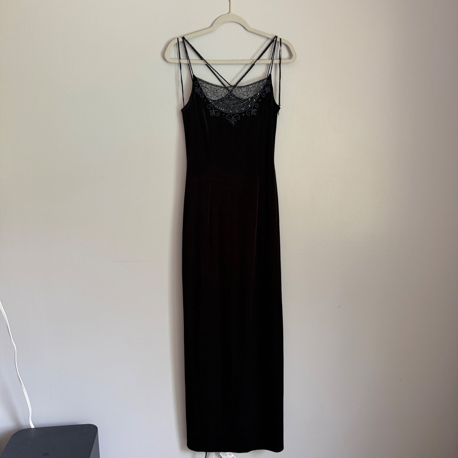 Dave & Johnny Laura Ryner Vintage Black Velvet Beaded Maxi Dress Prom Gown 11/12