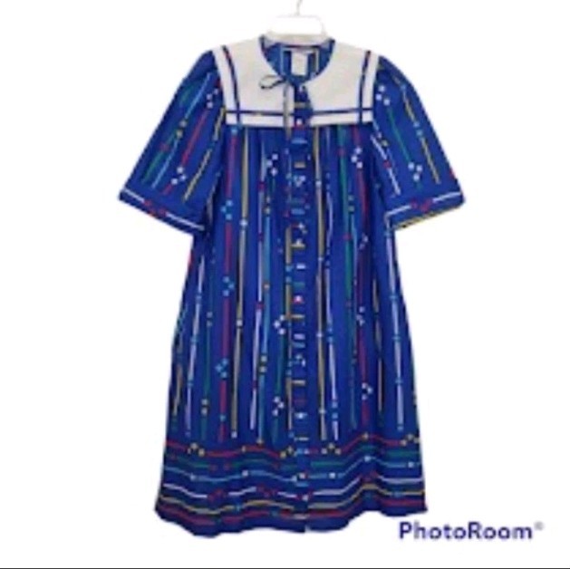 Vtg Models Coat Sz 10 Blue Multicolor House Dress Sailor Collar Snap Front NEW