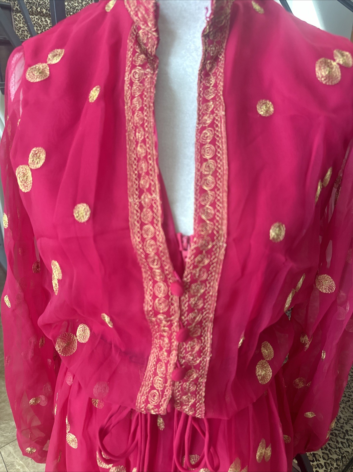 Jack Bryan NWT 70s Raspberry Pink Voile & Gold Embroidery Blouson Maxi Dress S