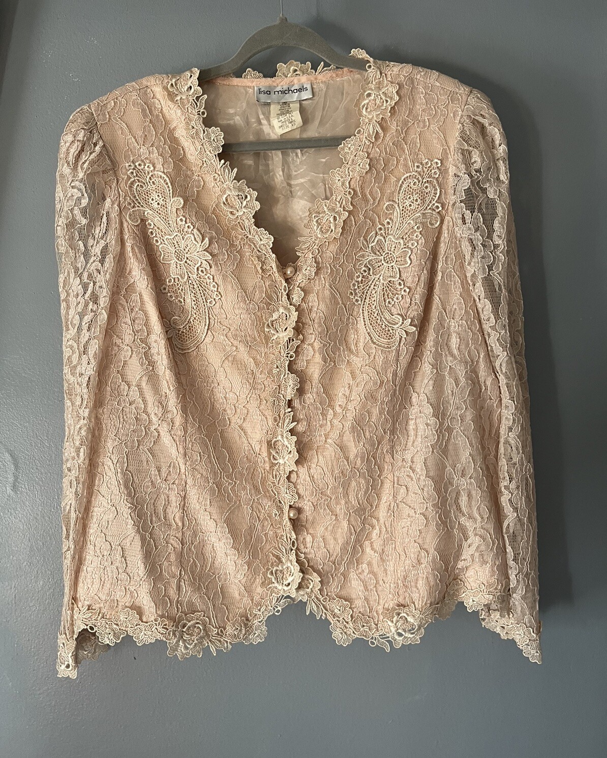 Vtg 90s LISA MICHAELS Romantic Coquette Lace Peachy Pink Top Jacket 18