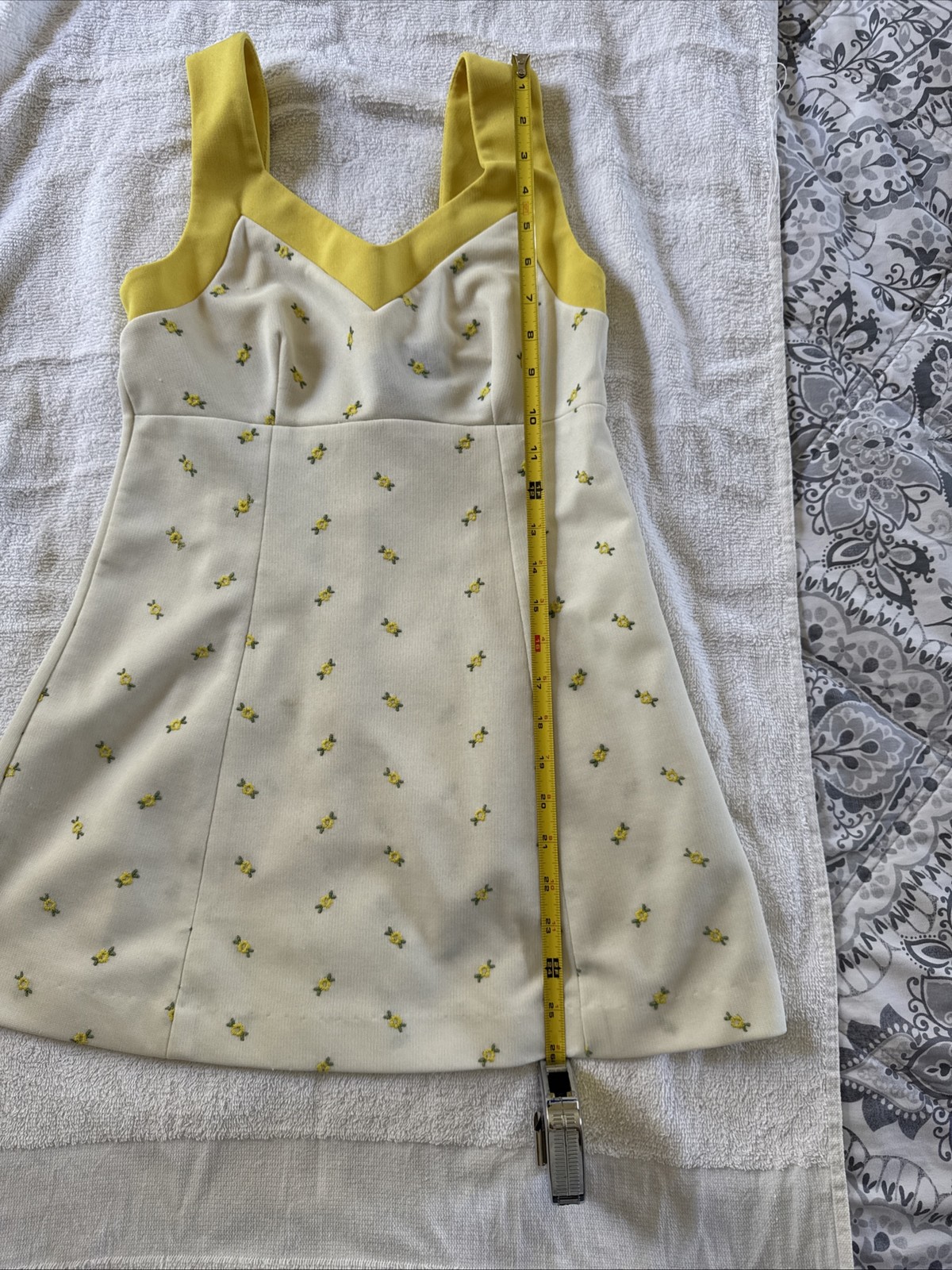 Vintage 1970s Top Seed Tennis Dress Yellow Floral Mini Mod Polyester XS 28&Prime; Bust