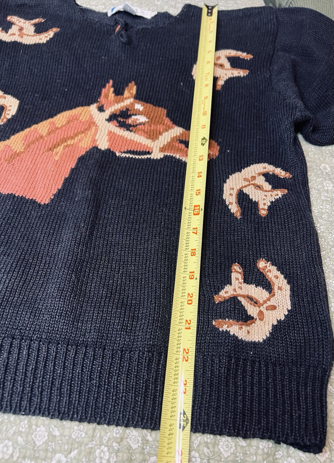 Vtg Chaus Horse Horseshoes Size LARGE Black Sweater Pullover Womens Ramie Cotton