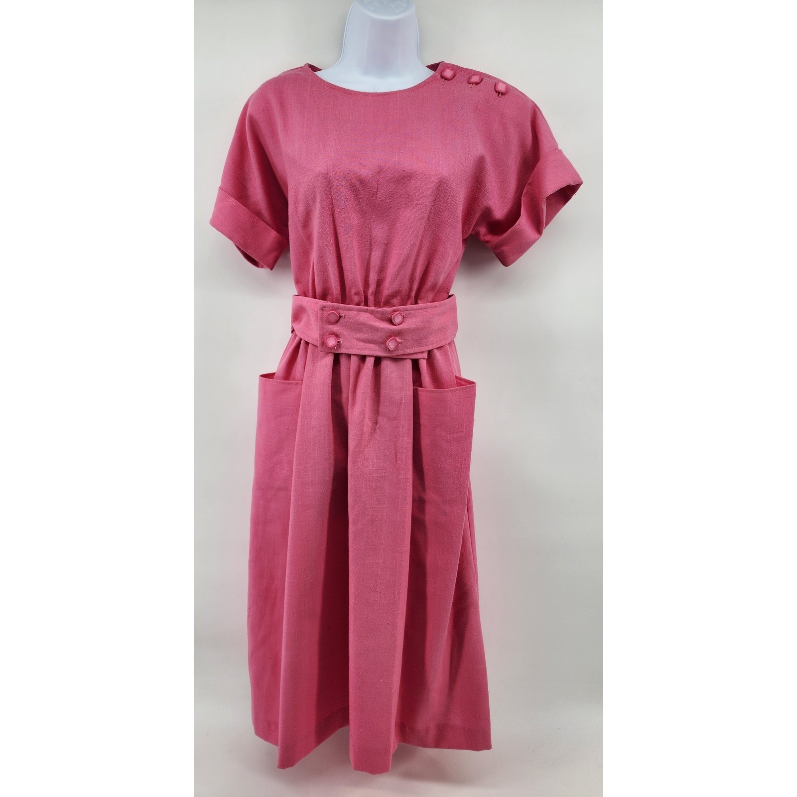 Melissa Petites Vintage 80s Pink Button Shoulder Belted Midi Dress Womens Size 6
