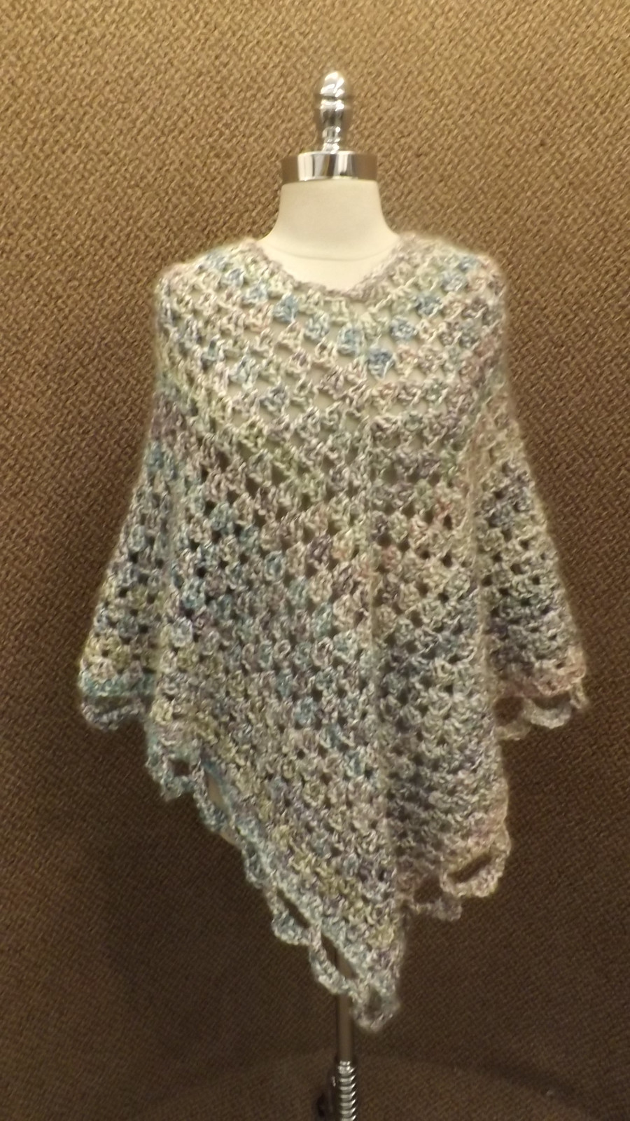UNUSED Vtg Hand Crocheted Open Work Cape Blended Colors Purple Blue Gray White