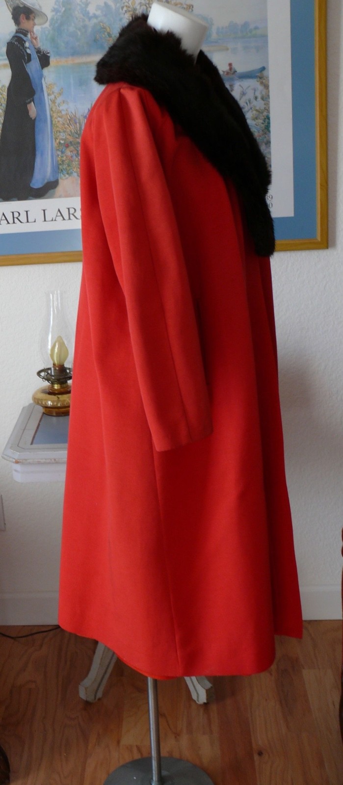 1950`s Red Faille` Silk & Rayon Blend Red Evening Coat with Black fur Collar