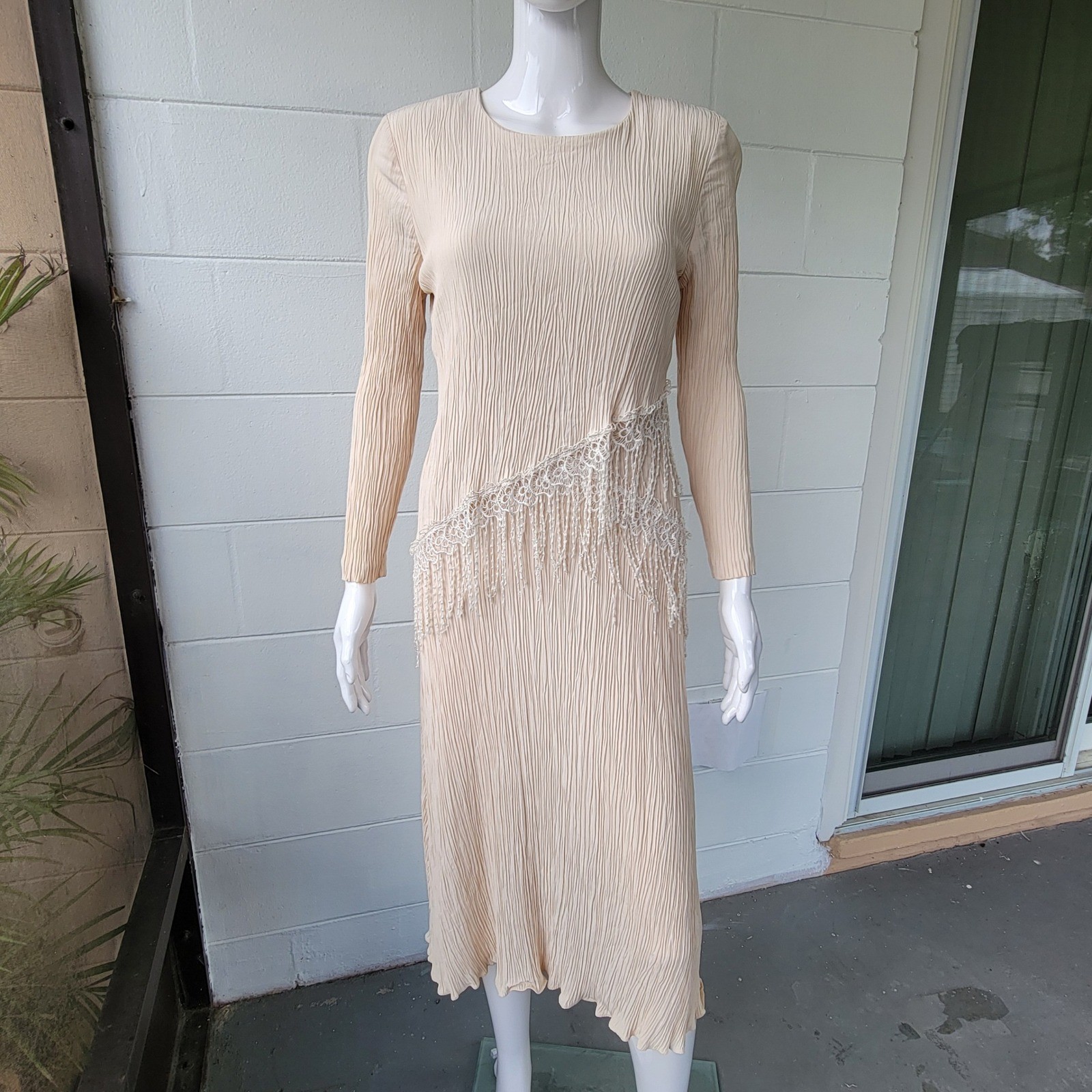 Vintage 80s/90s Willow Ridge Crinkle Lace Fringe Dress Cream Women&rsquo;s 8P Romantic