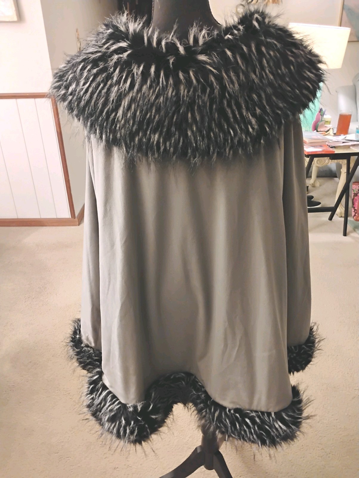 New-Faux Fur and Velveteen Gray and Black Cape. Fully Lined. Large to XL