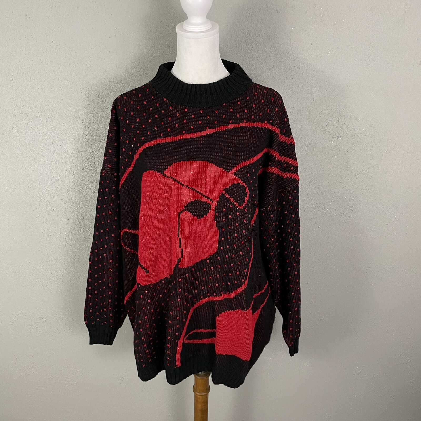 Distinctly Different Vintage Sparkle Sweater Size 22W Scroll Dots Red Black