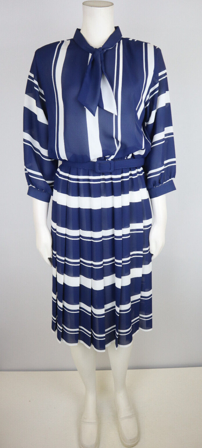 VINTAGE WOMEN&rsquo;S SHEER BLUE STRIPED BELTED DRESS – LADY CAROL – SIZE 10P