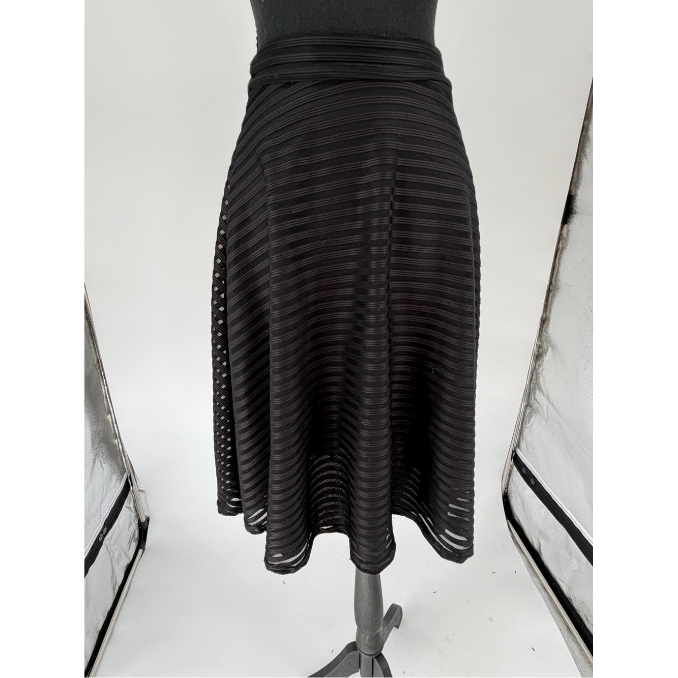 Vintage 26 waist Black A-Line Sheer Stripe Midi Skirt