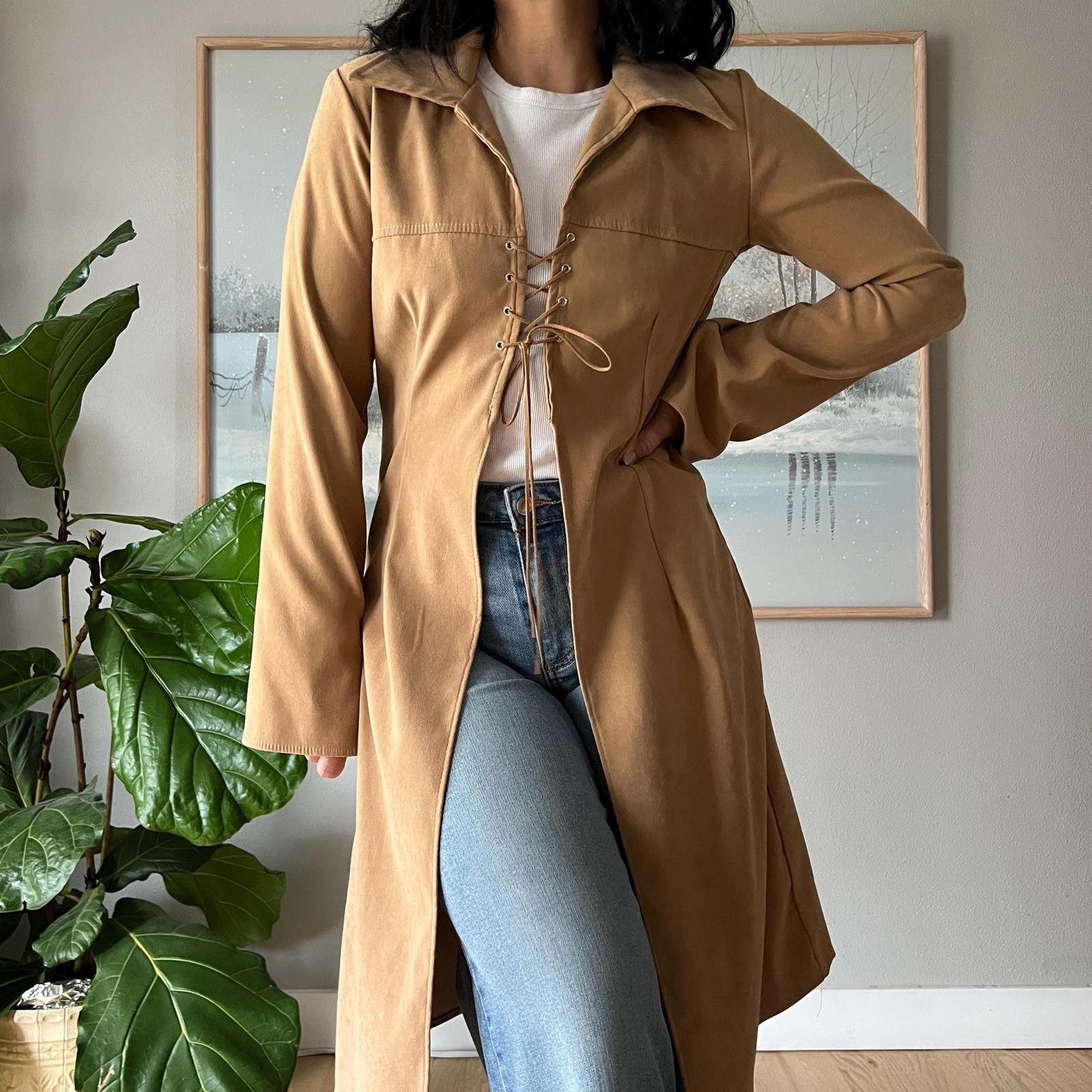 Vintage Lace Up Faux Suede Top Brown Fitted Boho 90s Corset Style Jacket