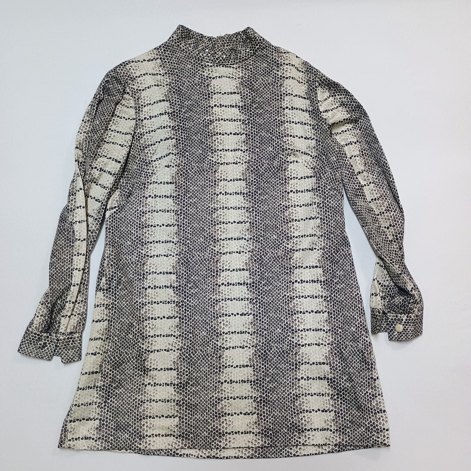 Vtg L&rsquo;Aiglon Shift Mod Snake Print Rhinestone Mock Long Sleeve Dress