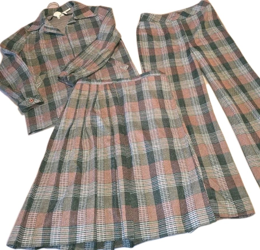 VTG « FEME-NITS » 3 Piece Green Pinkish Orange Plaid Top Skirt Wide Leg Pants