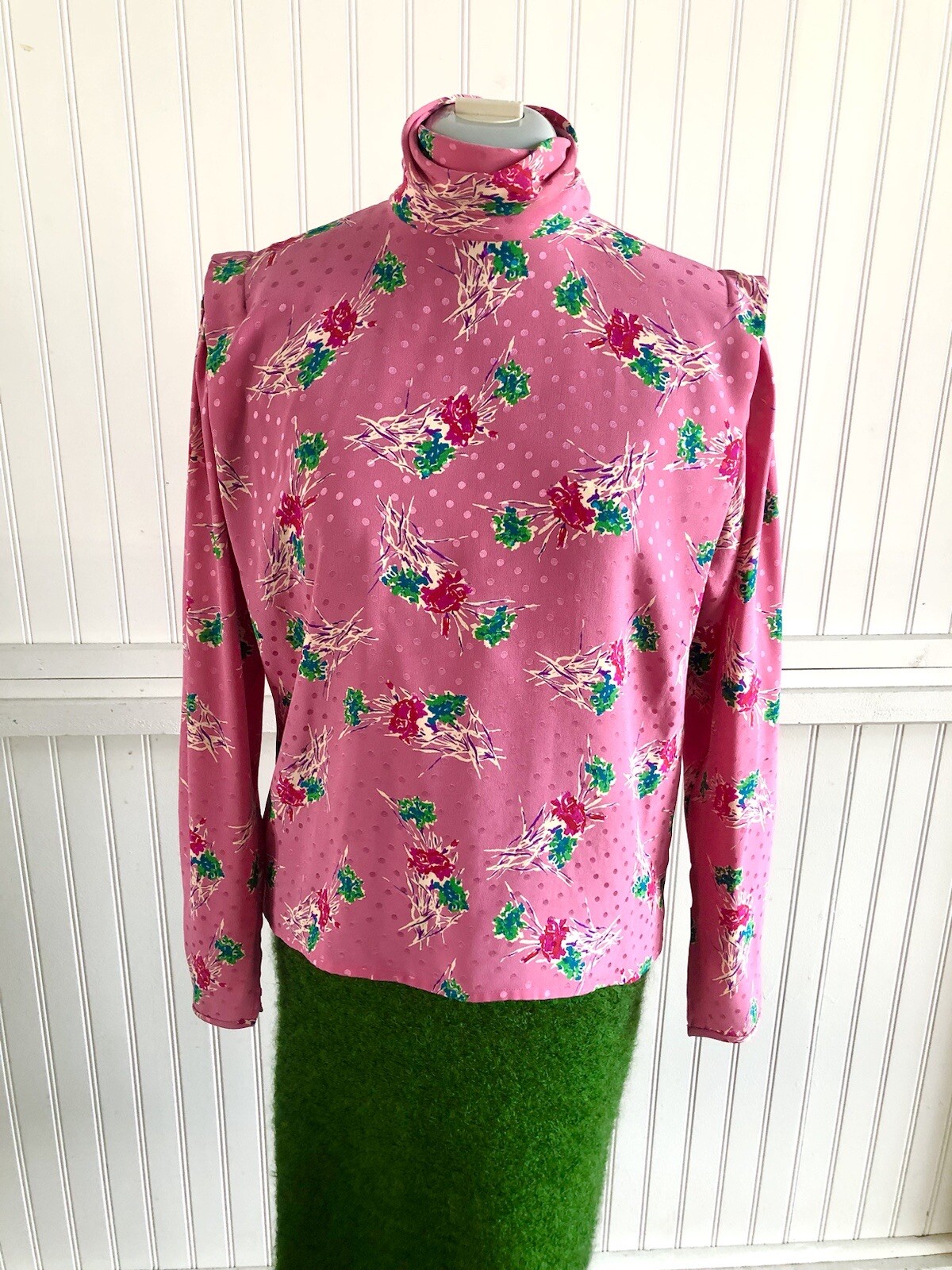 1980’s Emanuel Ungaro Paris High Collared Pink Floral Silk Blouse