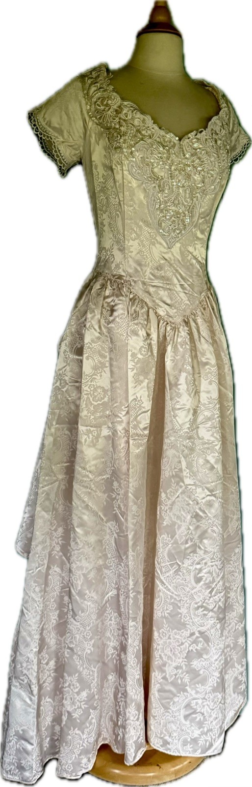 Basque Waist Gown WEDDING Princess Formal Satin Brocade Blush Bustle Roses M+