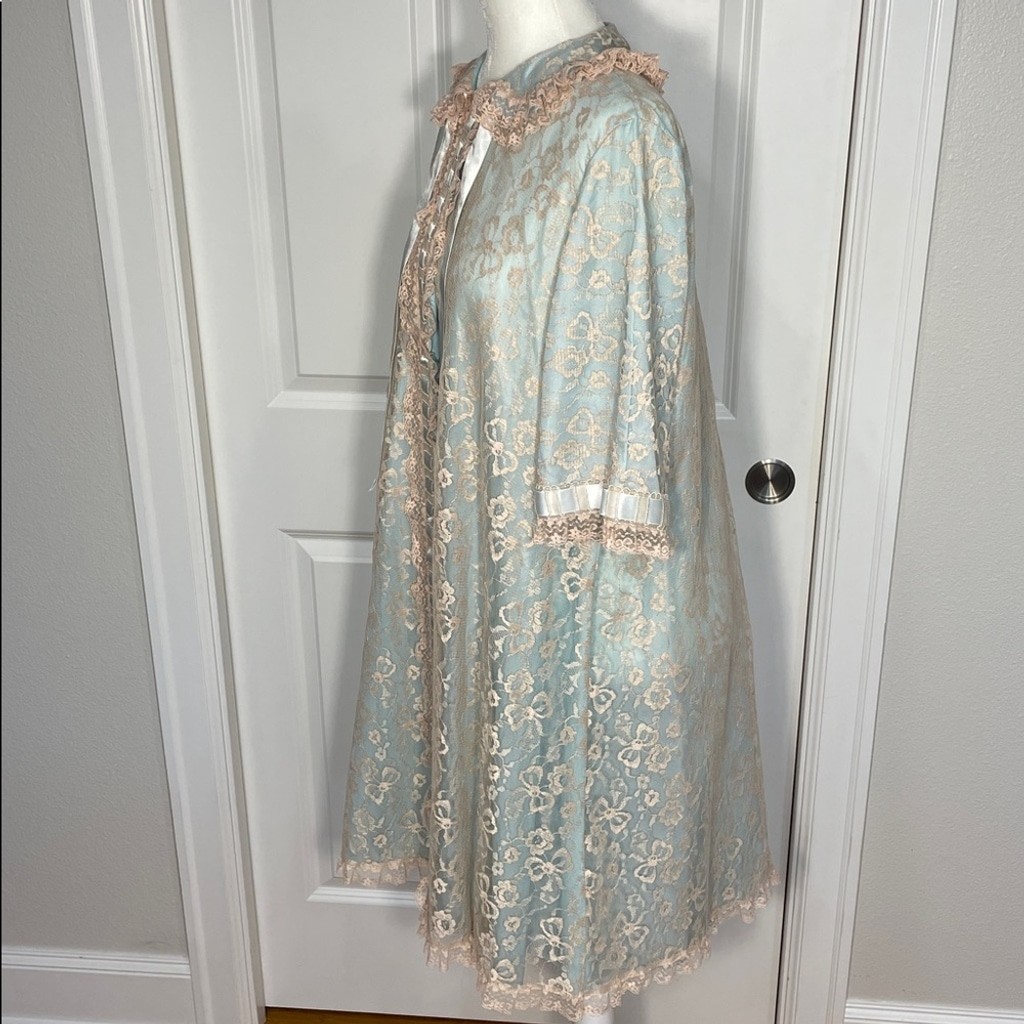 Odette Barsa Lace Lingerie Slip Dressing Gown Robe Medium Peignoir Blue Cream