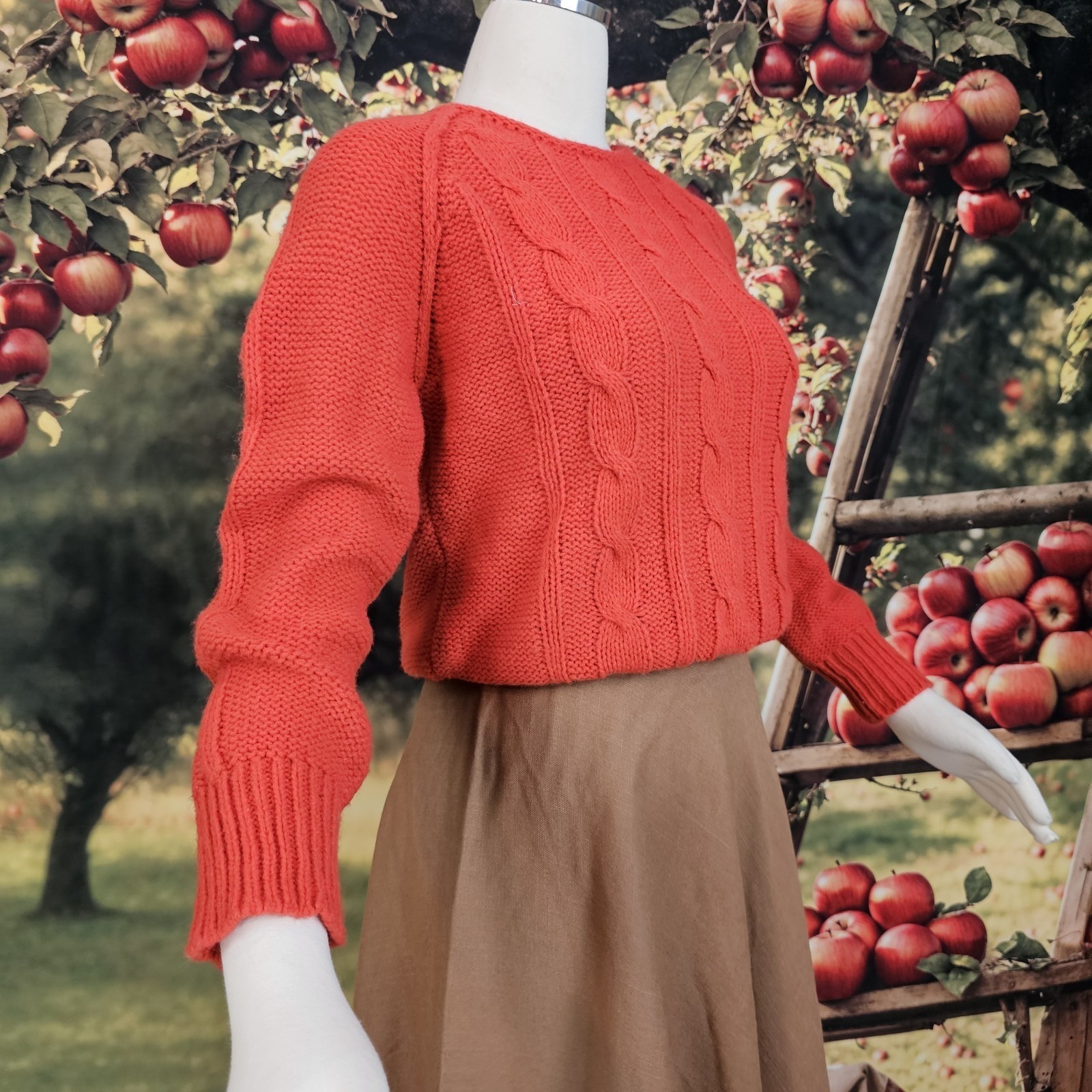 Vintage 1970s Pullover Sweater Orange Red Long Sleeve Cable Knit Retro Cozy