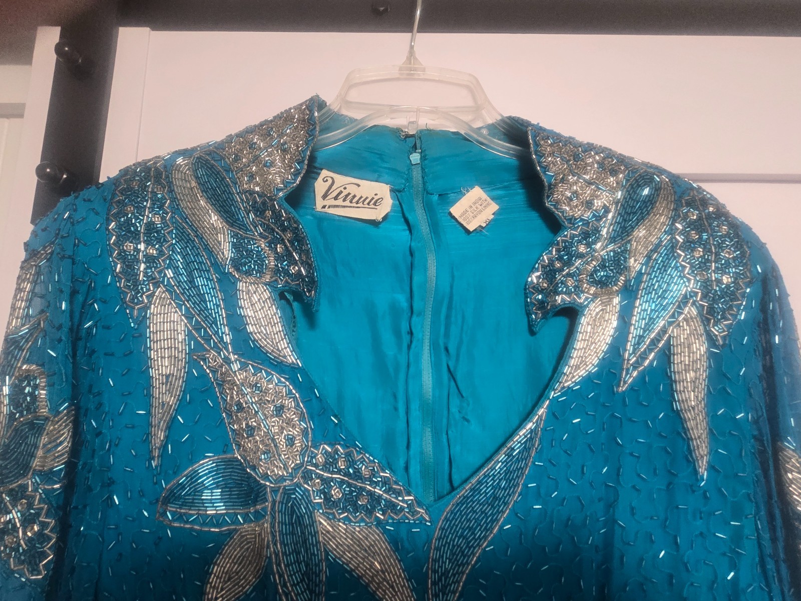 Vintage VINNIE Long Green, Teal, Silk Beaded Dress size XL