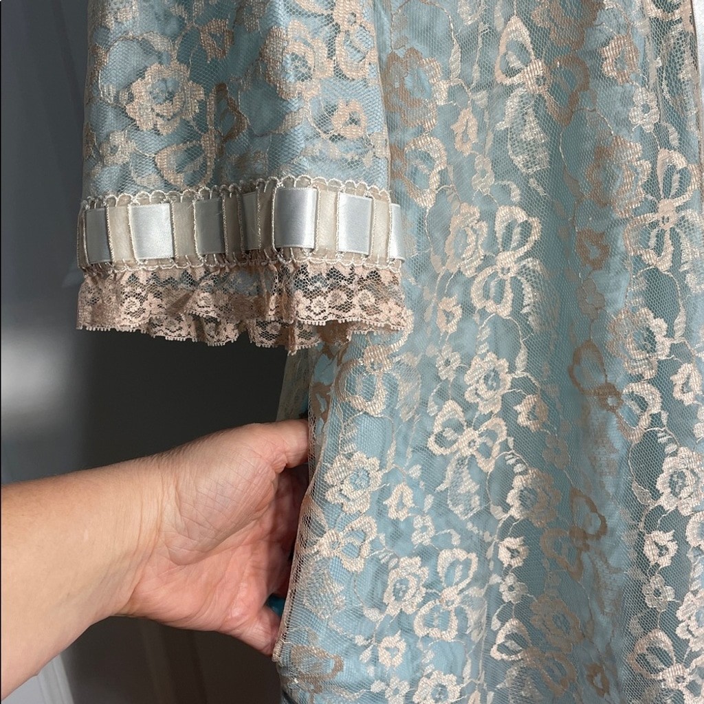 Odette Barsa Lace Lingerie Slip Dressing Gown Robe Medium Peignoir Blue Cream