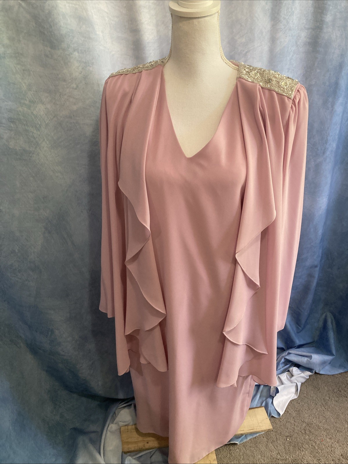 Vtg 80s Miss Elliette Pink Mauve Chiffon Capelet Ruffle Dress Pads Rhinestone 16