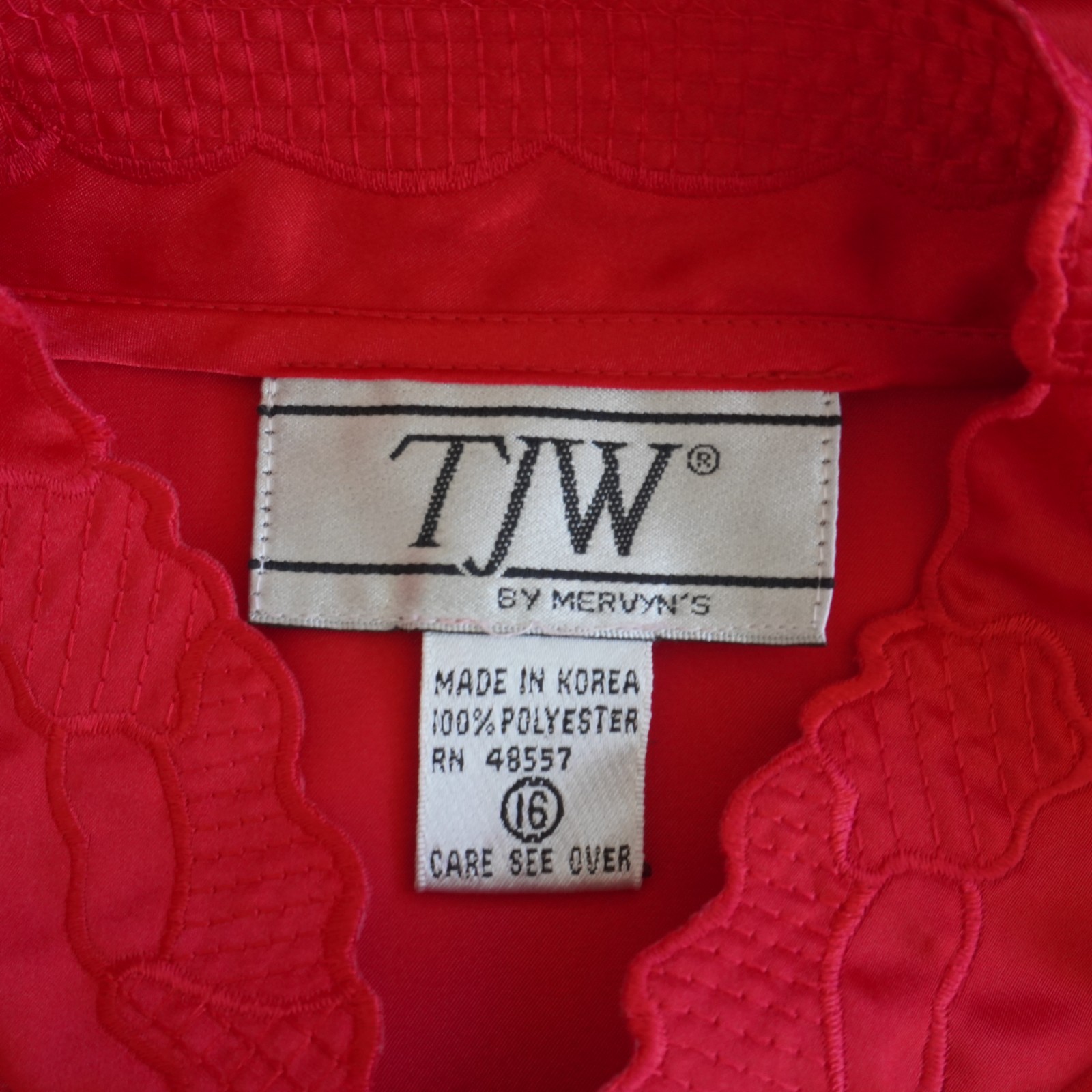 Vintage TJW Mervyns Satin Blouse 16 Red Mandarin Collar Lace Embroidered 80s Top