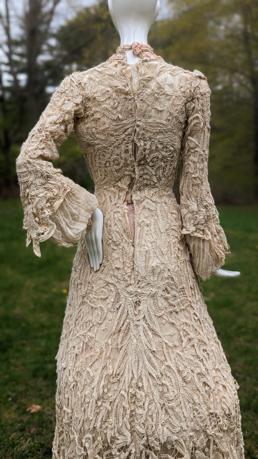 VICTORIAN HAND MADE BATTENBURG LACE DRESS W BELL SLEEVES + TRAIN