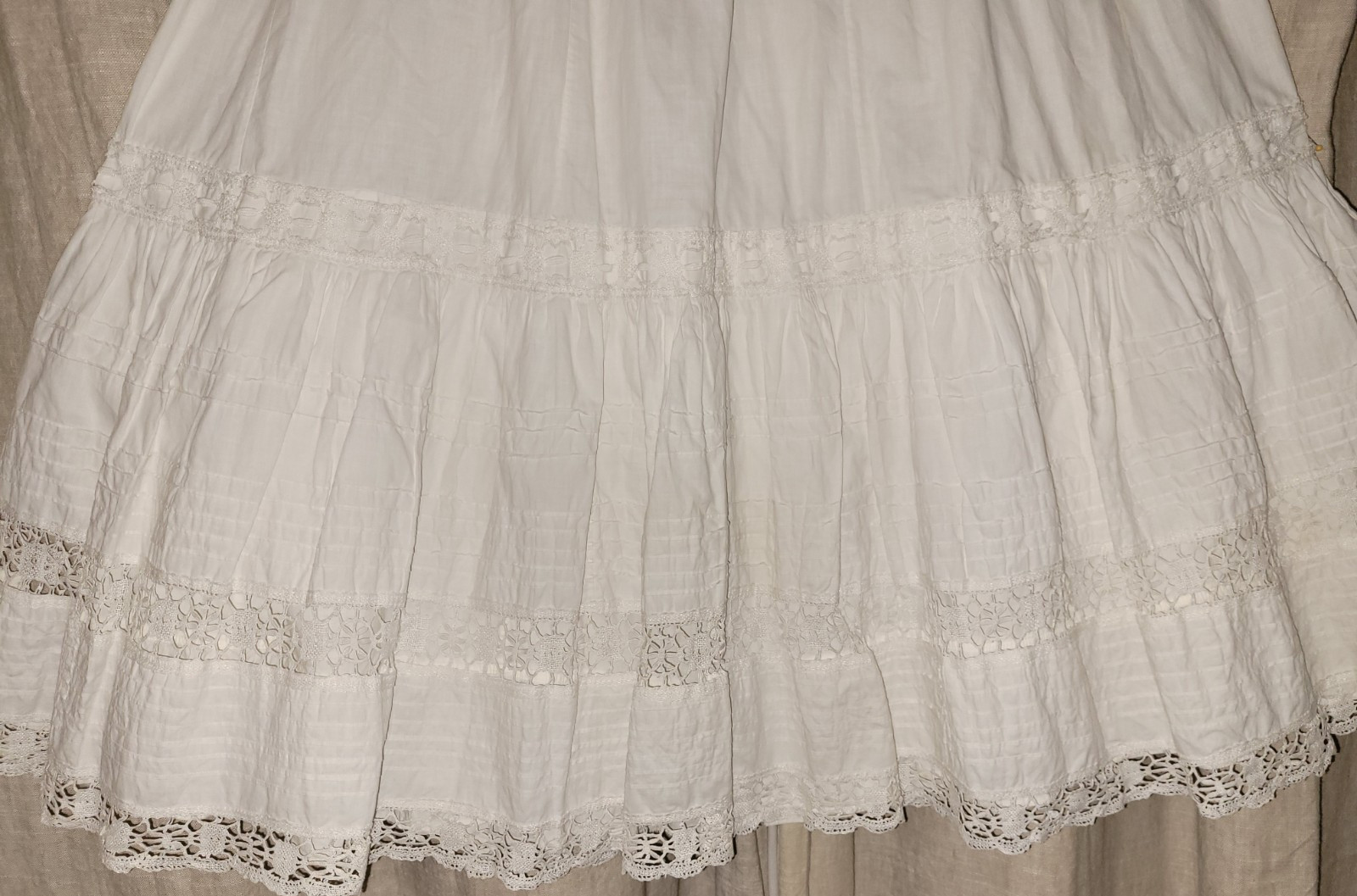 Antique Edwardian Cotton Pintucked Cluny Lace Petticoat S/M