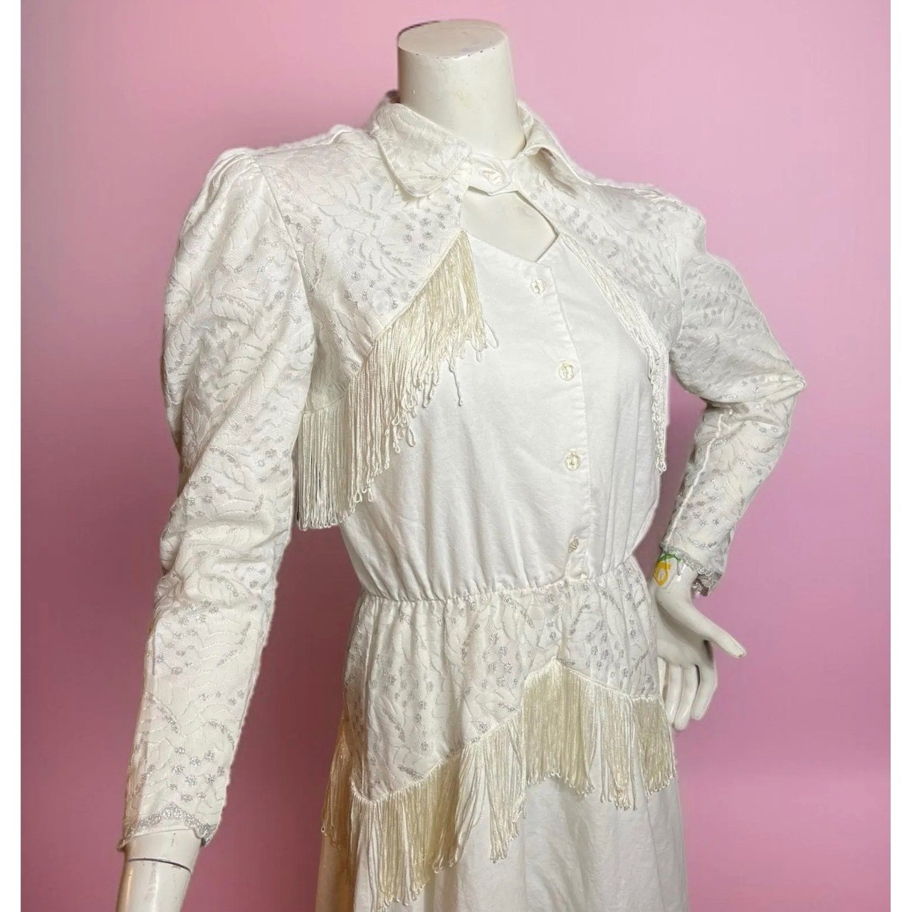 VINTAGE 80s Lilia Smitty Rodeo Fringe Dress White Ivory Western Size 5 – 6