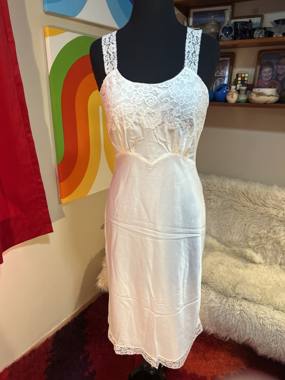 Vtg 50s Lady Lynne Back Magic Silky Nylon Lace 32 USA Union Ivory Slip Dress