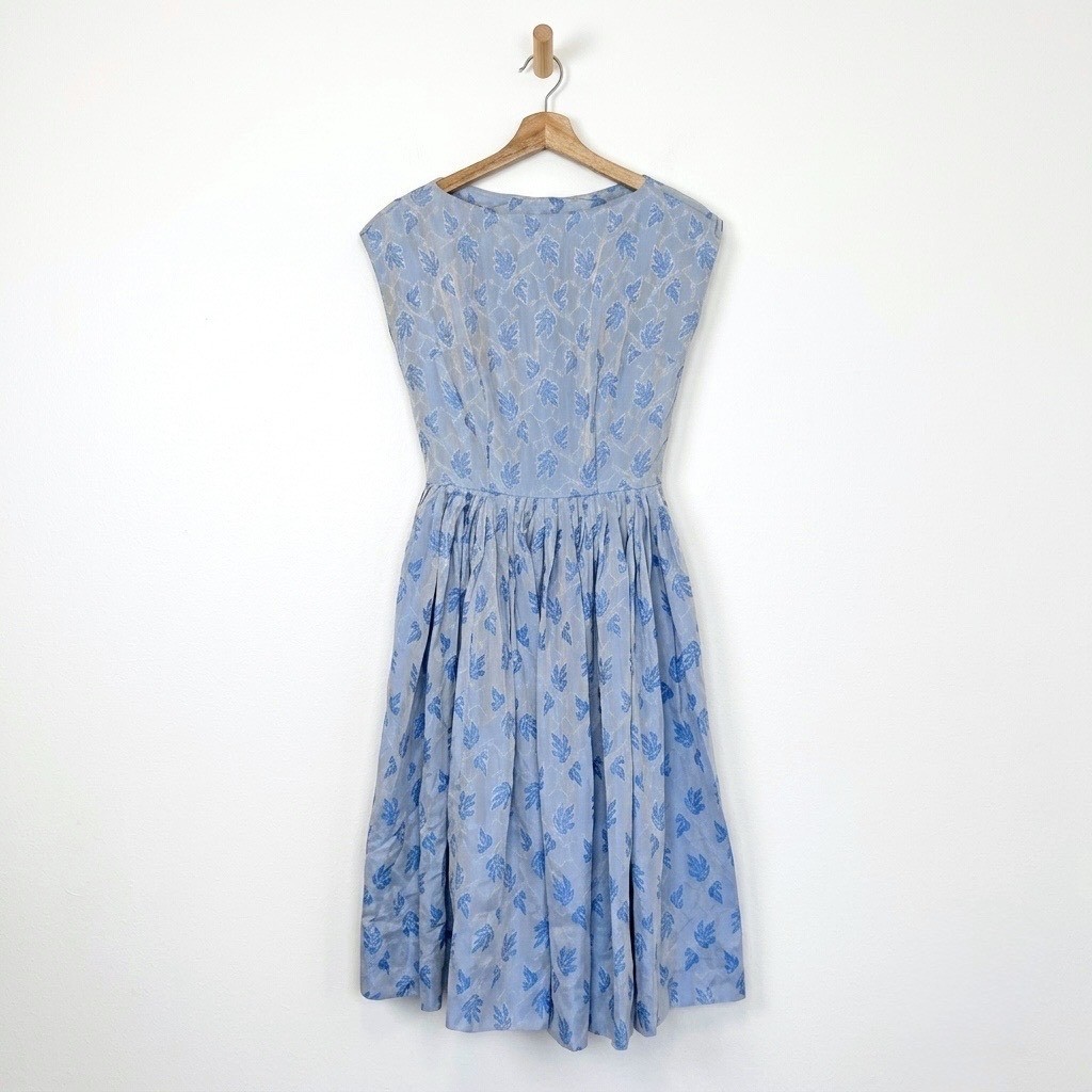 Vintage 1950s Blue Leaf Print Cotton Dress Fit and Flare Mid-Century Swing 25W