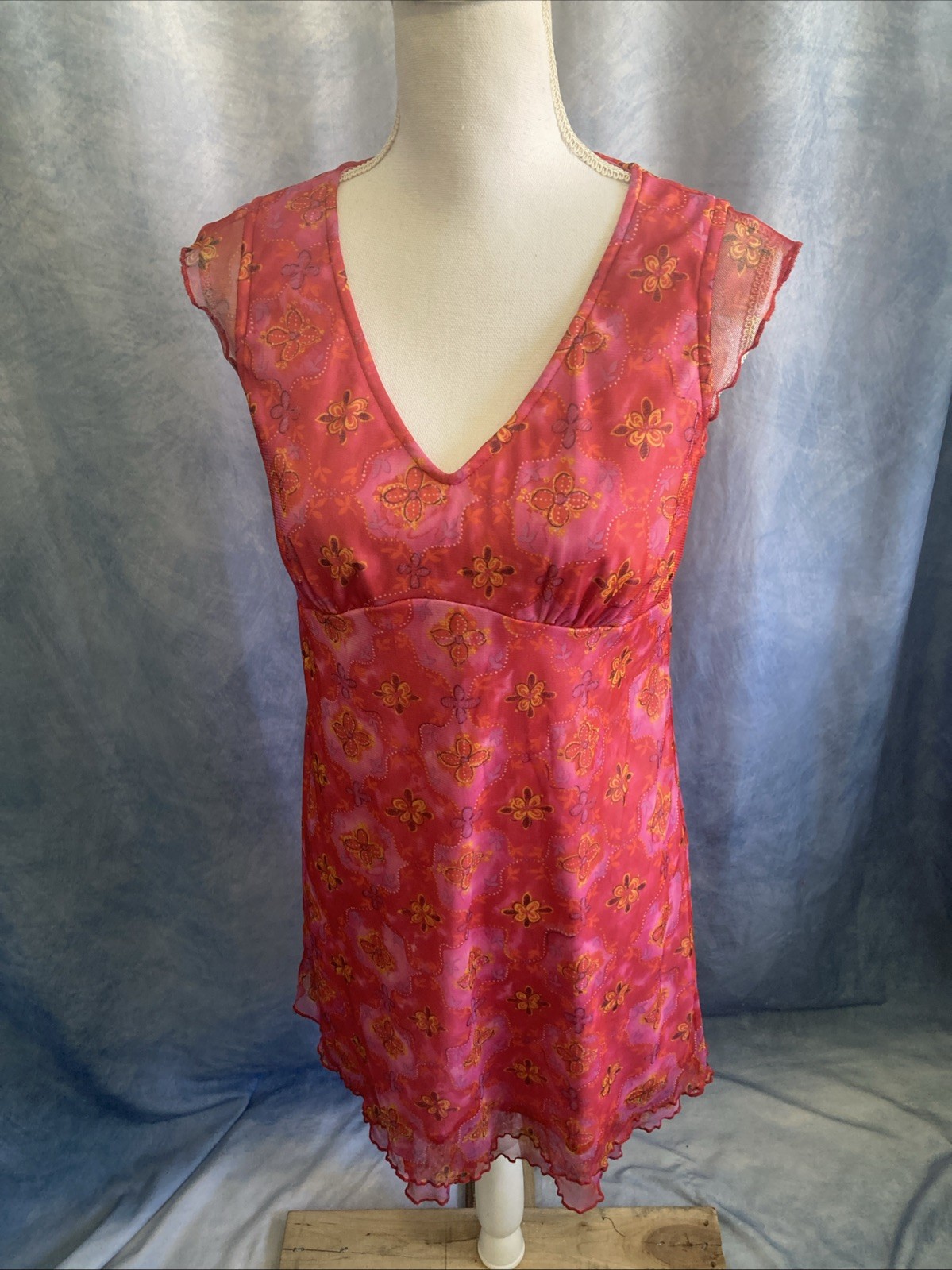 VTG Y2K No Boundaries Mesh Dress Medium Pink Floral Fairy Grunge Whimsygoth EUC