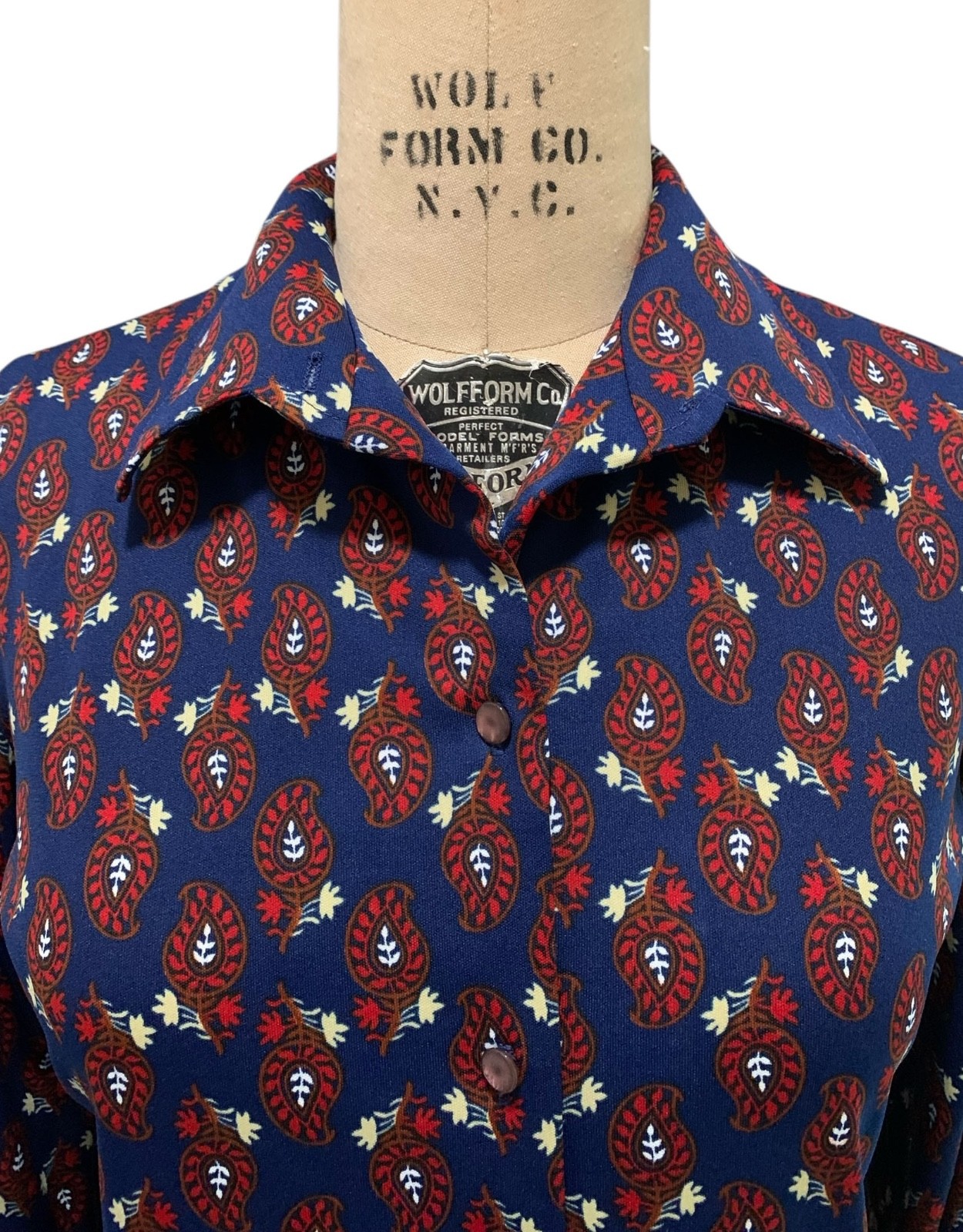 GRAFF 70s/80s Vintage Woman&rsquo;s LS Blue Paisley Print Shirt Blouse – Sz S/M