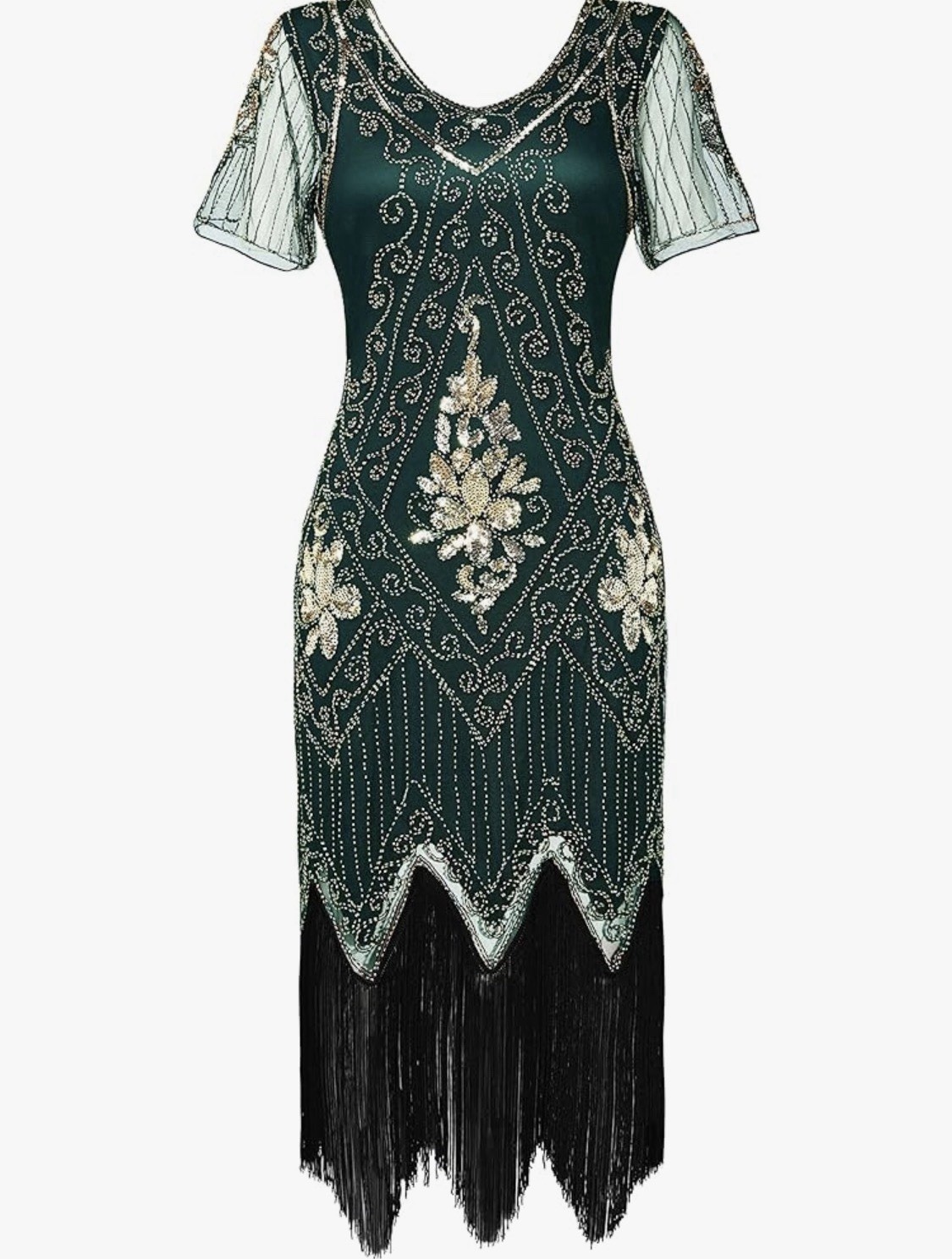 1920s Art Deco Green Sequin Beaded Fringe V-Neck Lace Cocktail Dress. XXL